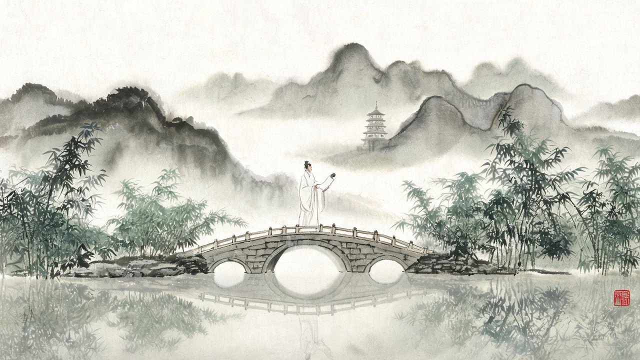 水墨山水，桥上诗人执卷远眺